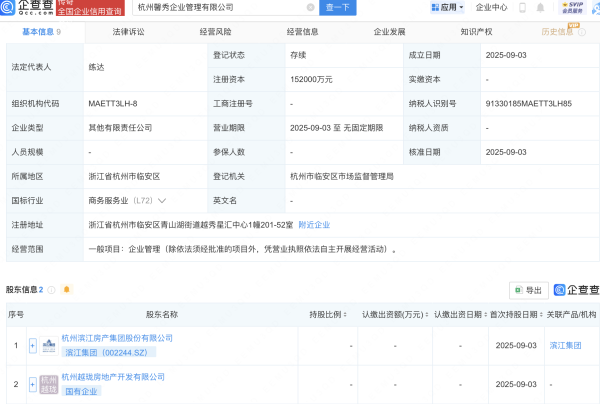 洪萨速配 滨江集团等新设企管公司，注册资本15.2亿